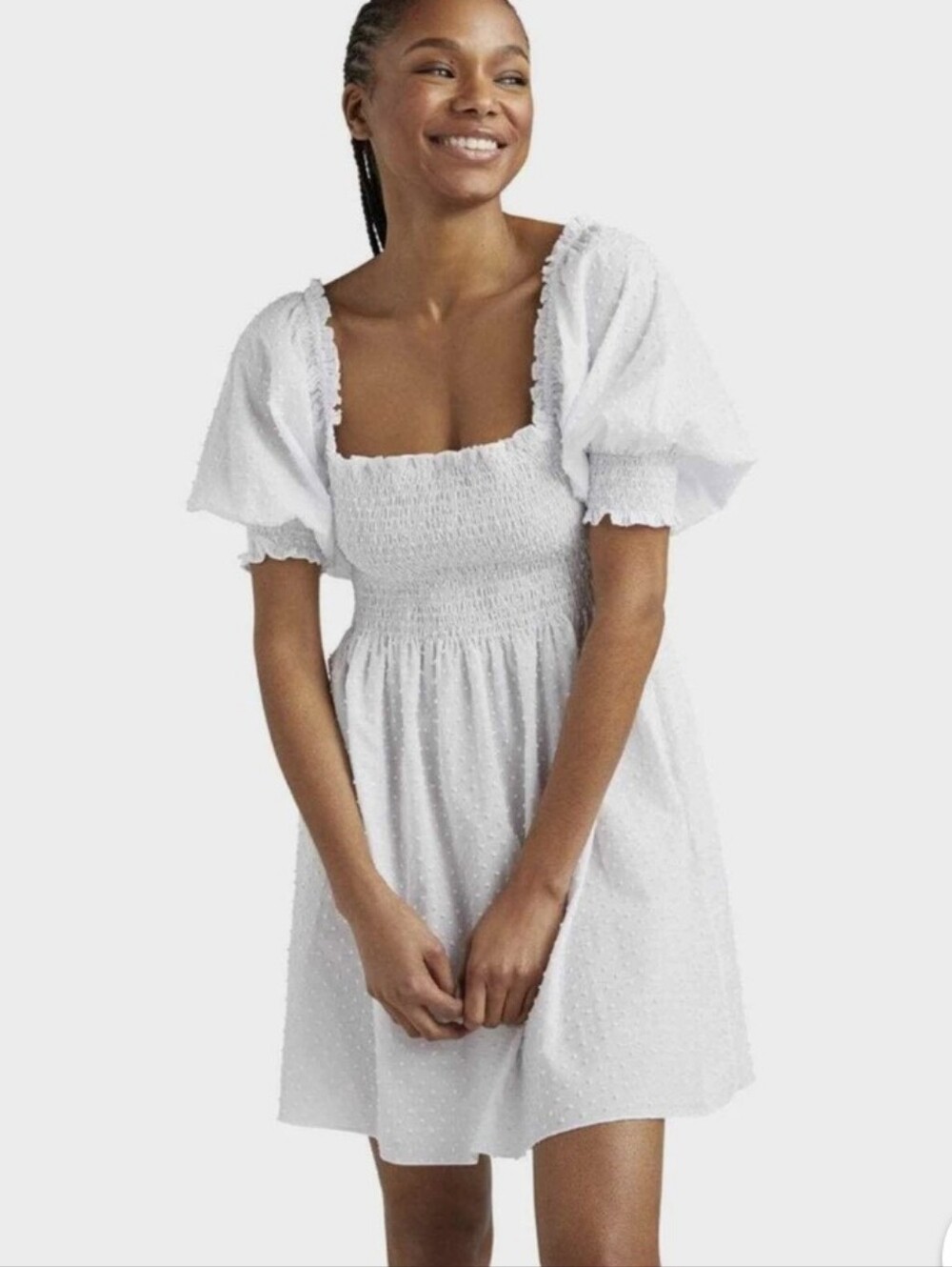 Hill House Athena Nap Dress White Cotton Swiss Dot Babydoll Puff Sleeve XS